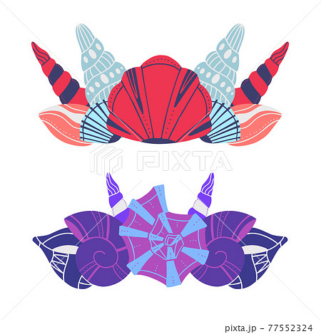 Set of sea crowns from seashells. Vector text separators. Delimiters with sea molluscs and snails with boho pattern. 77552324