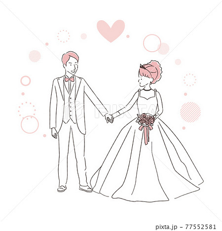 手書き線画イラスト 結婚式 ウェディング 手をつなぐのイラスト素材