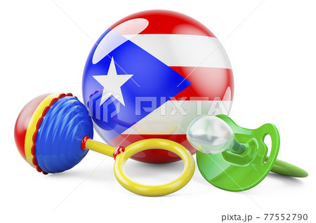 Birth rate and parenting in Puerto Rico concept. Baby pacifier and baby rattle with Puerto Rican flag, 3D rendering Birth rate and parenting in Puerto Rico concept. Baby pacifier and baby rattle with Puerto Rican flag, 3D rendering 77552790