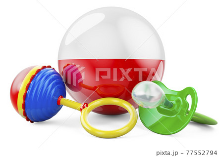 Birth rate and parenting in Poland concept. Baby pacifier and baby rattle with Polish flag, 3D rendering 77552794