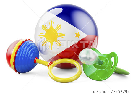 Birth rate and parenting in Philippines concept. Baby pacifier and baby rattle with Filipino flag, 3D rendering 77552795