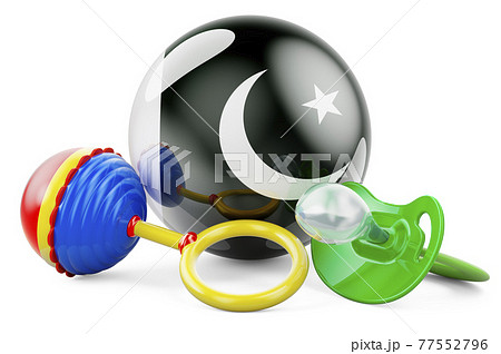 Birth rate and parenting in Pakistan concept. Baby pacifier and baby rattle with Pakistani flag, 3D rendering 77552796