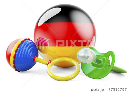 Birth rate and parenting in Germany concept. Baby pacifier and baby rattle with German flag, 3D rendering 77552797