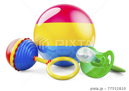Pansexual flag with pacifier and baby rattle. 3D rendering 77552810
