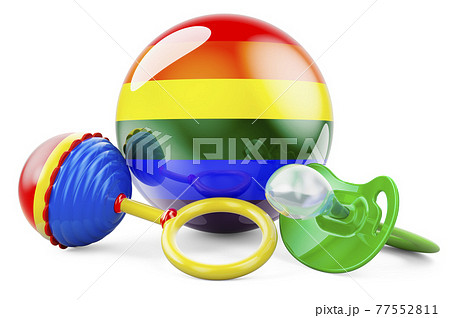 LGBT adoption concept, rainbow gay flag with pacifier and baby rattle. 3D rendering 77552811