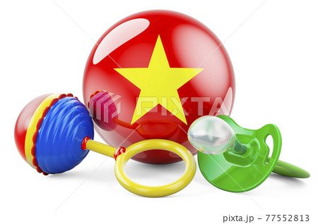 Birth rate and parenting in Vietnam concept. Baby pacifier and baby rattle with Vietnamese flag, 3D rendering Birth rate and parenting in Vietnam concept. Baby pacifier and baby rattle with Vietnamese flag, 3D rendering 77552813