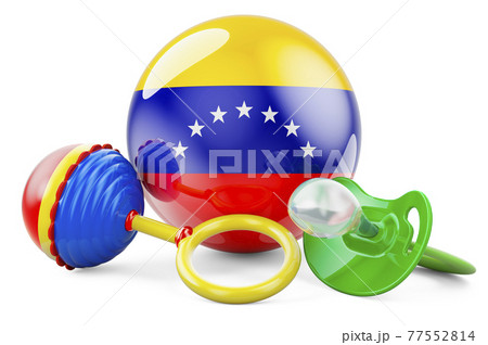 Birth rate and parenting in Venezuela concept. Baby pacifier and baby rattle with Venezuelan flag, 3D rendering Birth rate and parenting in Venezuela concept. Baby pacifier and baby rattle with Venezuelan flag, 3D rendering 77552814