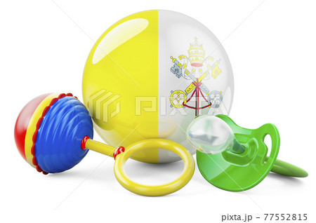 Birth rate and parenting in Vatican concept. Baby pacifier and baby rattle with Vatican flag, 3D rendering 77552815