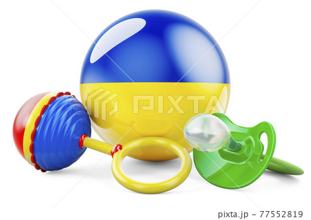 Birth rate and parenting in Ukraine concept. Baby pacifier and baby rattle with Ukrainian flag, 3D rendering Birth rate and parenting in Ukraine concept. Baby pacifier and baby rattle with Ukrainian flag, 3D rendering 77552819