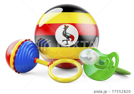 Birth rate and parenting in Uganda concept. Baby pacifier and baby rattle with Ugandan flag, 3D rendering 77552820