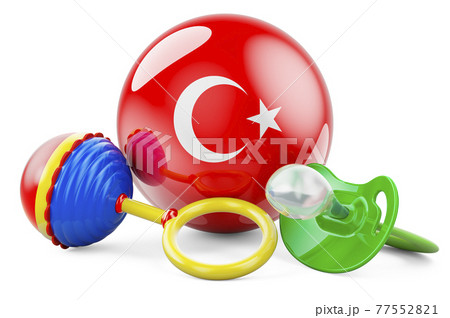 Birth rate and parenting in Turkey concept. Baby pacifier and baby rattle with Turkish flag, 3D rendering 77552821