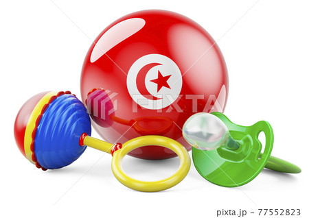Birth rate and parenting in Tunisia concept. Baby pacifier and baby rattle with Tunisian flag, 3D rendering 77552823