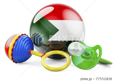 Birth rate and parenting in Sudan concept. Baby pacifier and baby rattle with Sudanese flag, 3D rendering 77552836