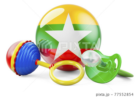 Birth rate and parenting in Myanmar concept. Baby pacifier and baby rattle with Myanmar flag, 3D rendering 77552854