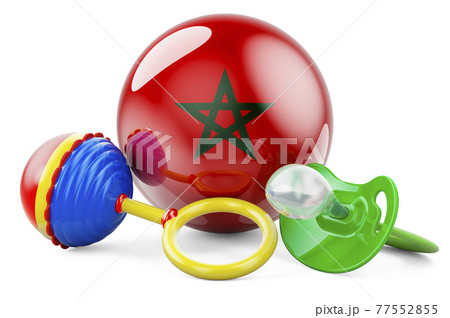 Birth rate and parenting in Morocco concept. Baby pacifier and baby rattle with Moroccan flag, 3D rendering 77552855