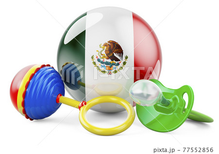 Birth rate and parenting in Mexico concept. Baby pacifier and baby rattle with Mexican flag, 3D rendering 77552856