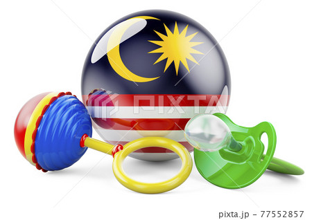 Birth rate and parenting in Malaysia concept. Baby pacifier and baby rattle with Malaysian flag, 3D rendering 77552857