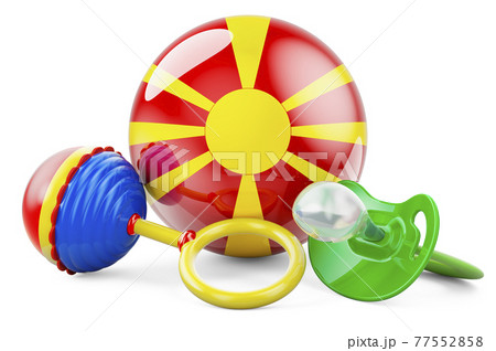 Birth rate and parenting in Macedonia concept. Baby pacifier and baby rattle with Macedonian flag, 3D rendering 77552858