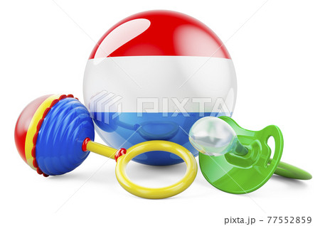 Birth rate and parenting in Luxembourg concept. Baby pacifier and baby rattle with Luxembourgish flag, 3D rendering 77552859