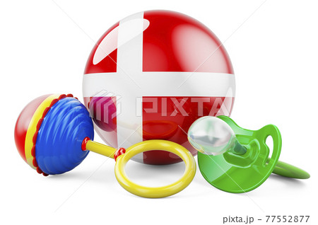 Birth rate and parenting in Denmark concept. Baby pacifier and baby rattle with Danish flag, 3D rendering Birth rate and parenting in Denmark concept. Baby pacifier and baby rattle with Danish flag, 3D rendering 77552877
