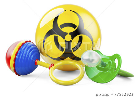 Bio hazard flag with pacifier and baby rattle. 3D rendering Bio hazard flag with pacifier and baby rattle. 3D rendering 77552923