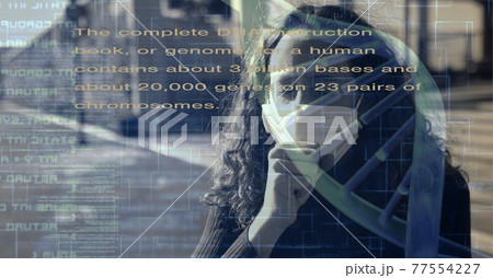 Medical information over a caucasian woman in a mask coughing, coronavirus concept 77554227