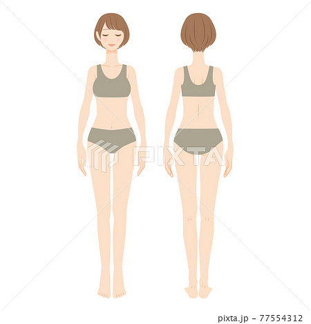 水着を着たボブカットの女性の全身イラスト 正面と後ろ姿 02のイラスト素材