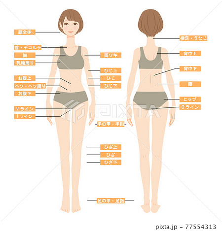 水着を着たボブカットの女性の全身イラスト 脱毛箇所のイメージ 正面と後ろ姿 01のイラスト素材