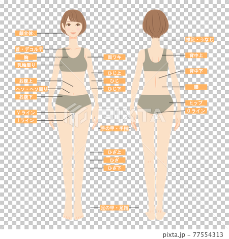 Full-body illustration of a bob-cut woman in a swimsuit Image of hair loss area Front and back 01 77554313