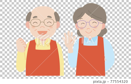 Two senior men and women wearing aprons Two senior men and women wearing aprons 77554320