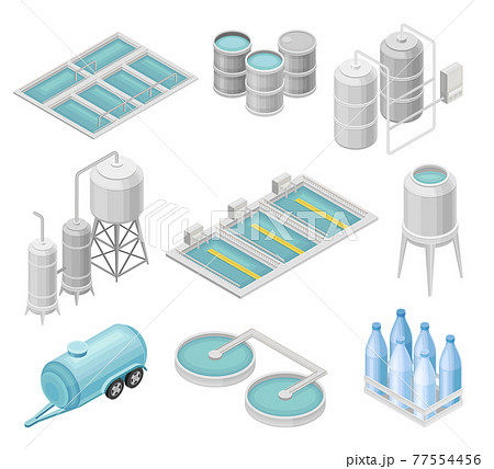 Water Purification Process with Filtration, Sedimentation and Distillation in Cylindrical Tanks and Reservoir Isometric Vector Set 77554456