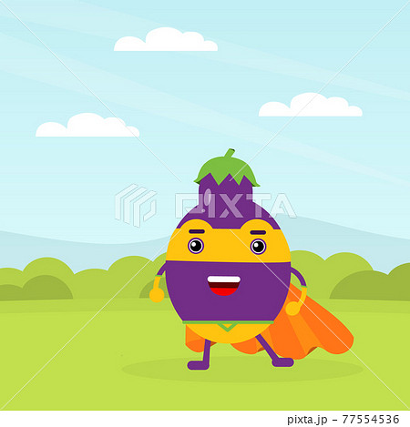 Funny Eggplant Hero in Mask and Cloak Standing on Green Lawn Vector Illustration 77554536