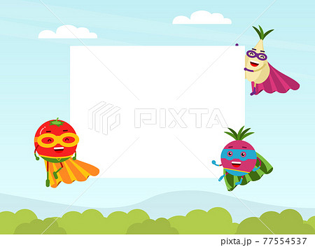 Funny Vegetable Hero in Mask and Cloak Near White Empty Board Vector Illustration Funny Vegetable Hero in Mask and Cloak Near White Empty Board Vector Illustration 77554537