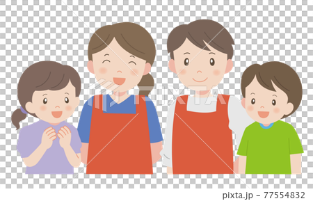 エプロン姿の男女スタッフと子供達 エプロン姿の男女スタッフと子供達 77554832