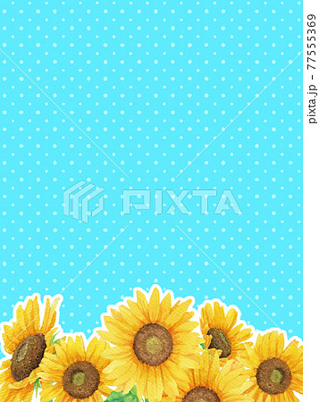 水彩の向日葵と水玉背景の縦イラスト 水色 のイラスト素材