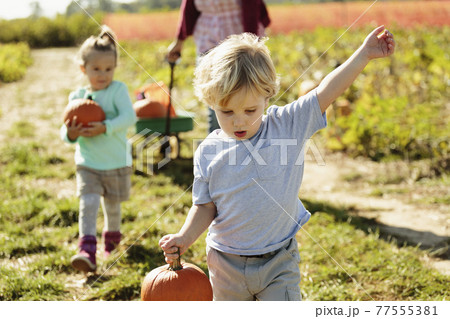 Boy carrying pumpkin 77555381