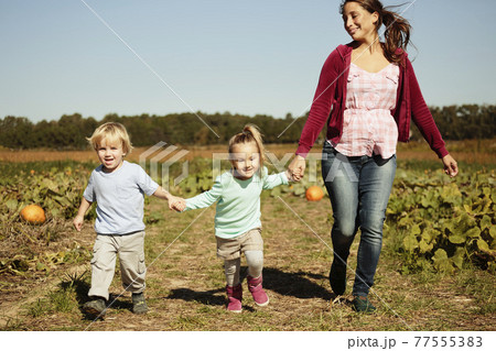 Mother with two children running in pumpkin field 77555383