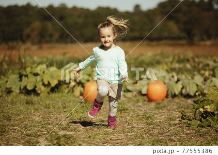 Girl running in pumpkin field Girl running in pumpkin field 77555386