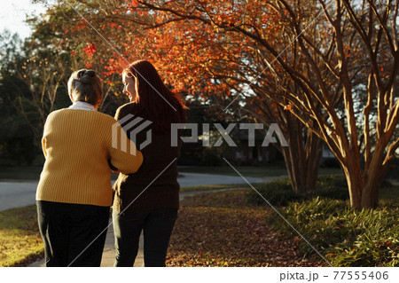 Rear view of senior woman and adult daughter strolling in suburban park Rear view of senior woman and adult daughter strolling in suburban park 77555406