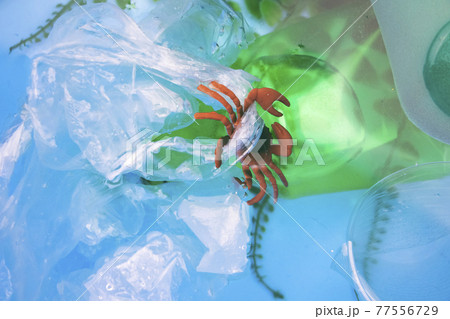 Small crab entangled in a plastic bag. Plastic pollution of the oceans. Ecology and environment protection concept 77556729