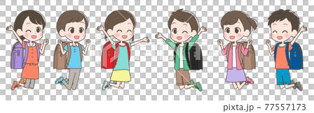 ランドセルを背負ってジャンプする小学生 77557173