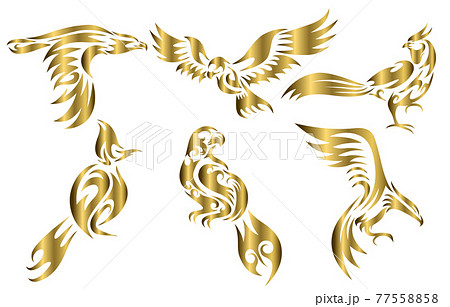 Set Of Six Gold Vector Images Of Various Birds Stock Illustration