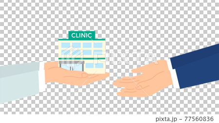 Hands handing over the clinic, image illustrations of medical practice succession / medical succession, white background, vector 77560836