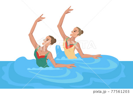 Girls in the pool, synchronized swimming, performing an exercise, dance in the water, sportswoman's den Girls in the pool, synchronized swimming, performing an exercise, dance in the water, sportswoman's den 77561203