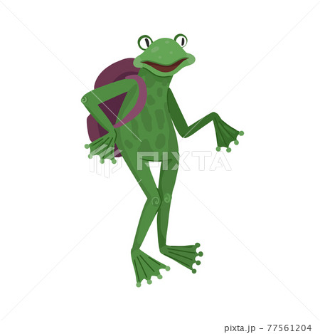 Frog with a backpack on his back, schoolboy or traveler. Fairy tale childish character. Vector cartoon illustration isolated on white background 77561204