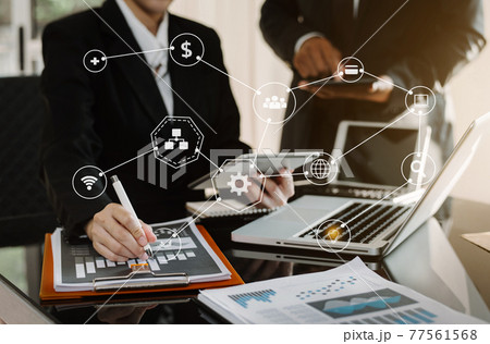 Business meeting time.  account managers crew working with new startup project. Idea presentation, analyze plans. 77561568