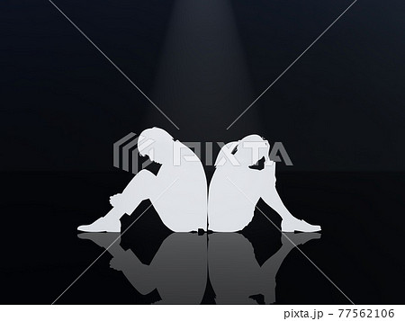 悩む若者 学生男女のシルエット 背中合わせ スポットライト Cgイラスト横のイラスト素材