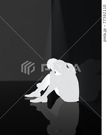 悩む若者 学生男女のシルエット 暗い部屋 スポットライト Cgイラスト縦のイラスト素材