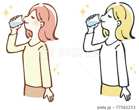 コップで水を飲む女性 イラストのイラスト素材