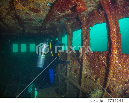 沈没船内の窓から外を眺めるスクーバダイバー (ラパス、バハ・カリフォルニア、メキシコ) 沈没船内の窓から外を眺めるスクーバダイバー (ラパス、バハ・カリフォルニア、メキシコ) 77562454